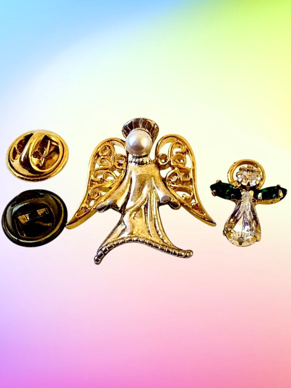 Vintage Signed Gold & Silver Faux Pearl Christmas Angel Lapel Pin Brooch Lot 2